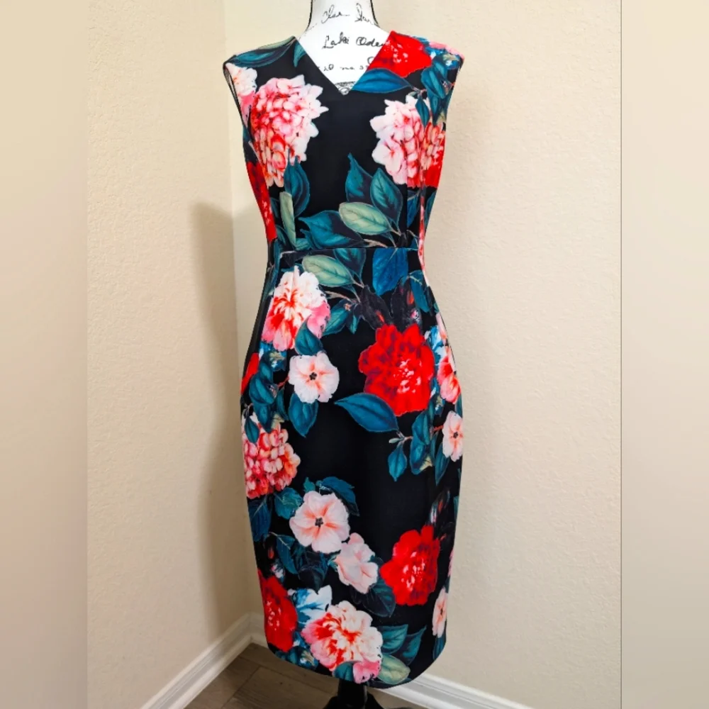 Calvin Klein Floral Sheath Sleeveless Midi Dress•Black,Red,Green,Pink•Size 4♥️🩷 - Picture 1 of 13
